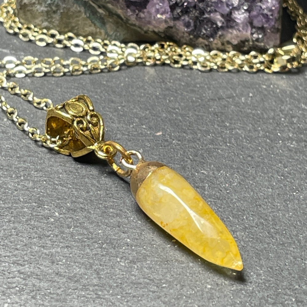 Yellow Jade Nugget Necklace Pendant Gold Plated Chain - Picture 2 of 15
